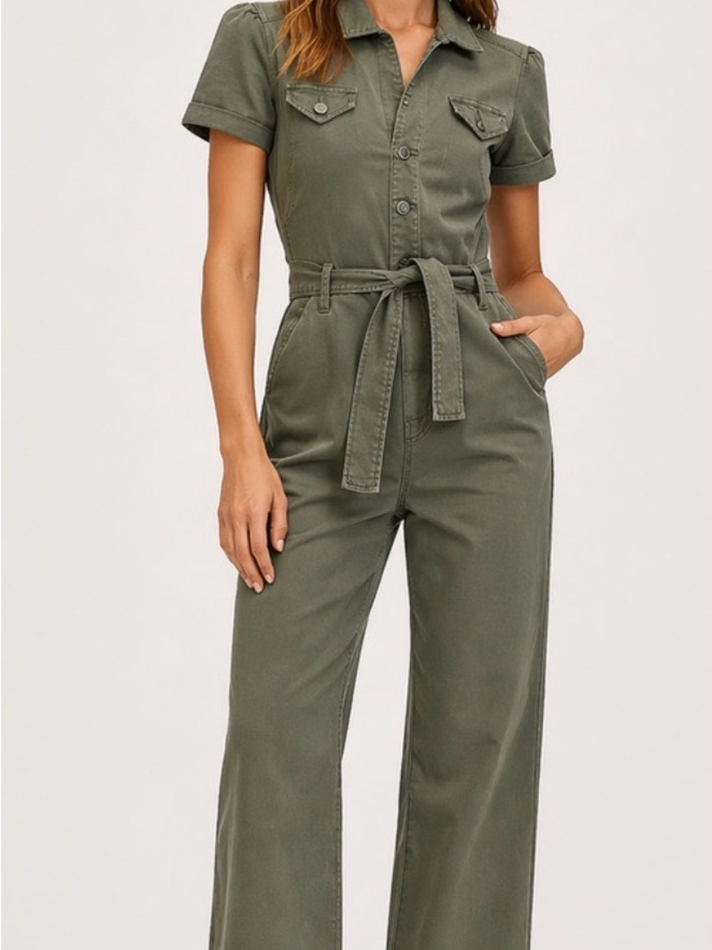 PAIGE Olive Green Short-Sleeve Utility Jumpsuit